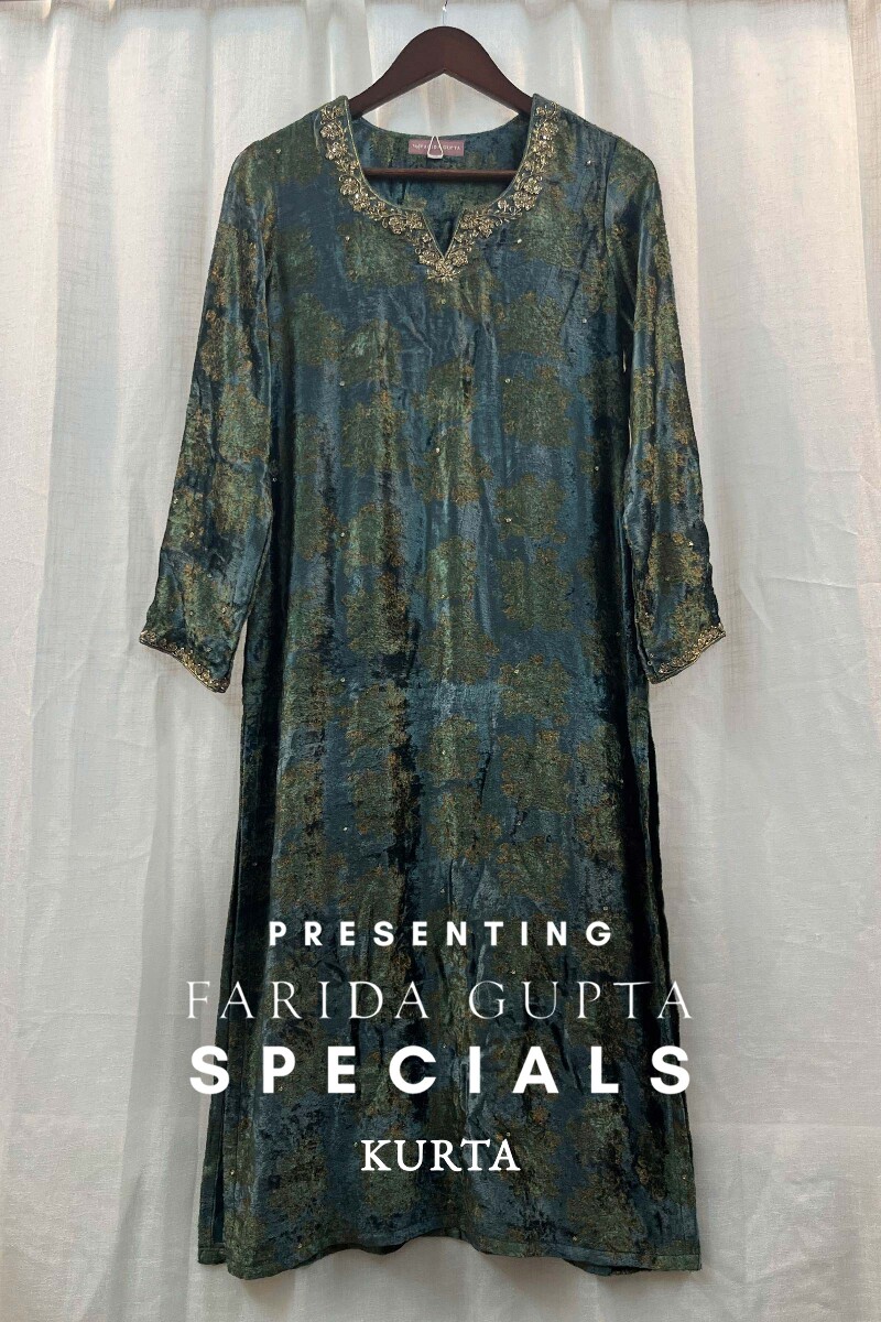 FG Specials: 1 of 1- Teal Handcrafted Straight Velvet Kurta