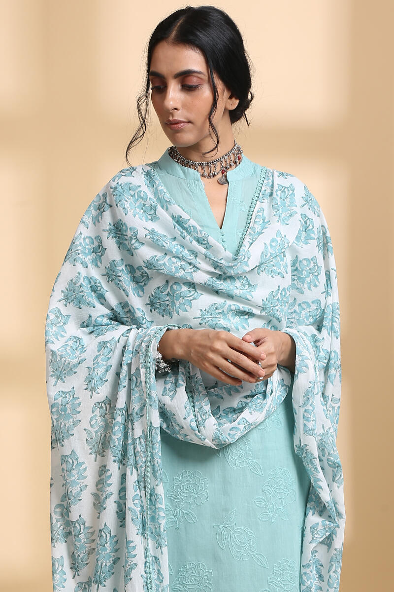 Turquoise Block Printed Kota Dupatta