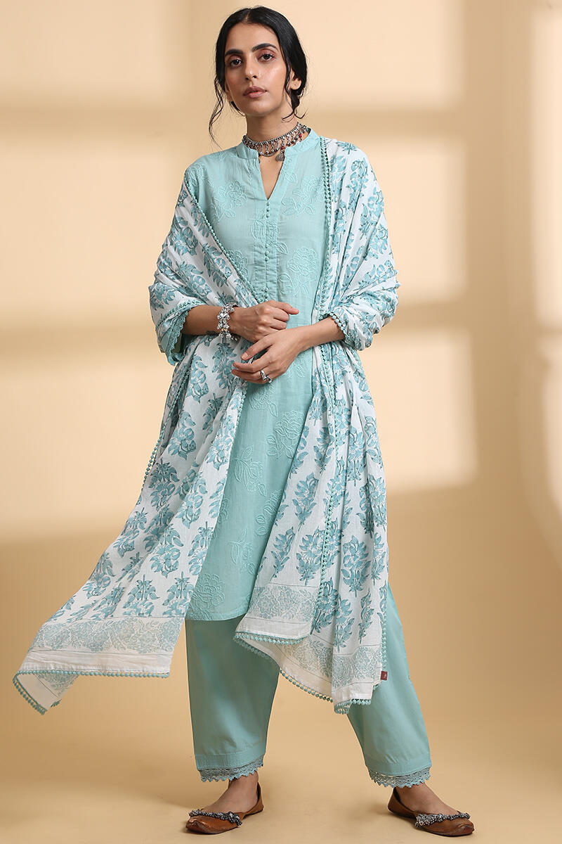 Turquoise Block Printed Kota Dupatta