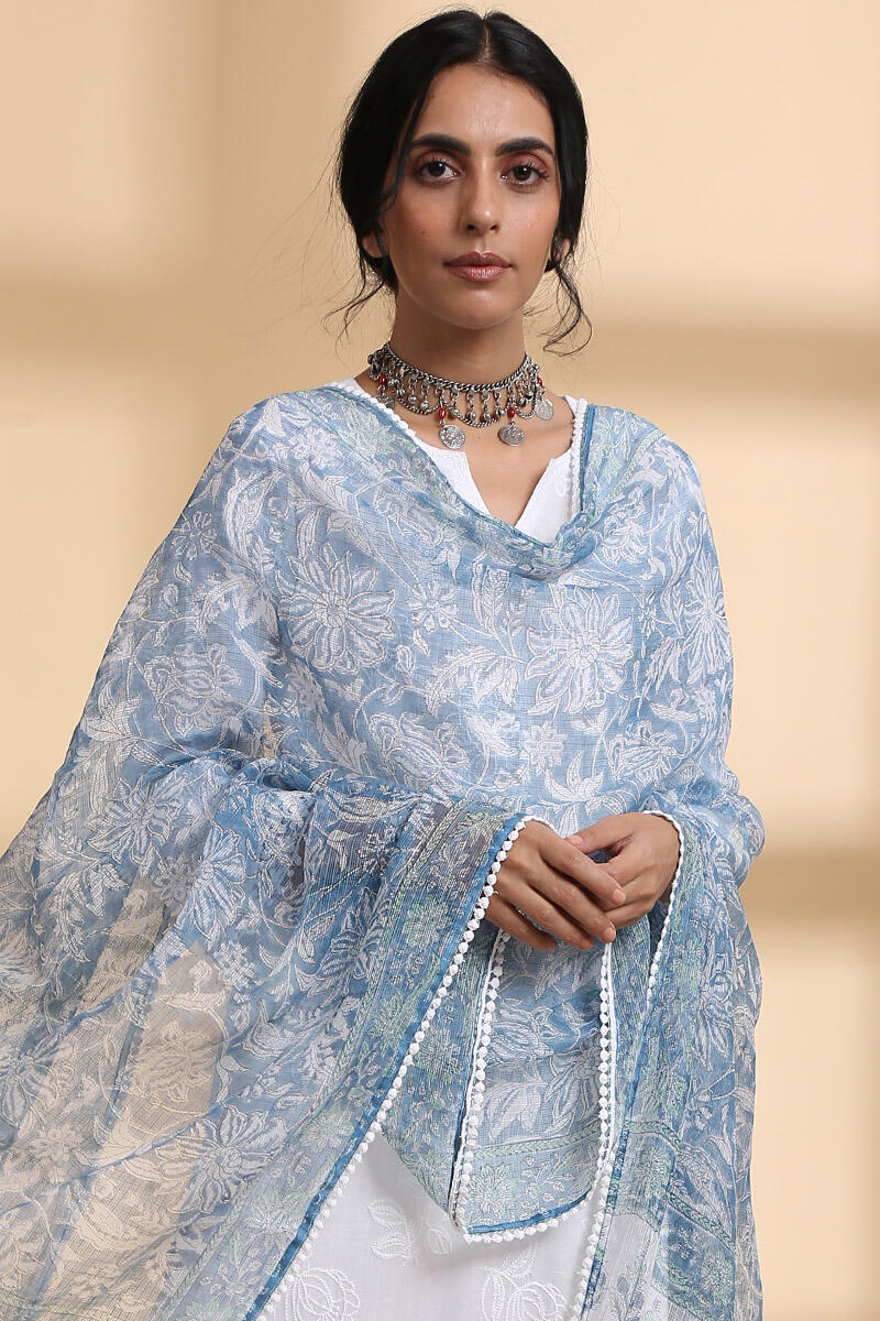 Blue Block Printed Kota Dupatta