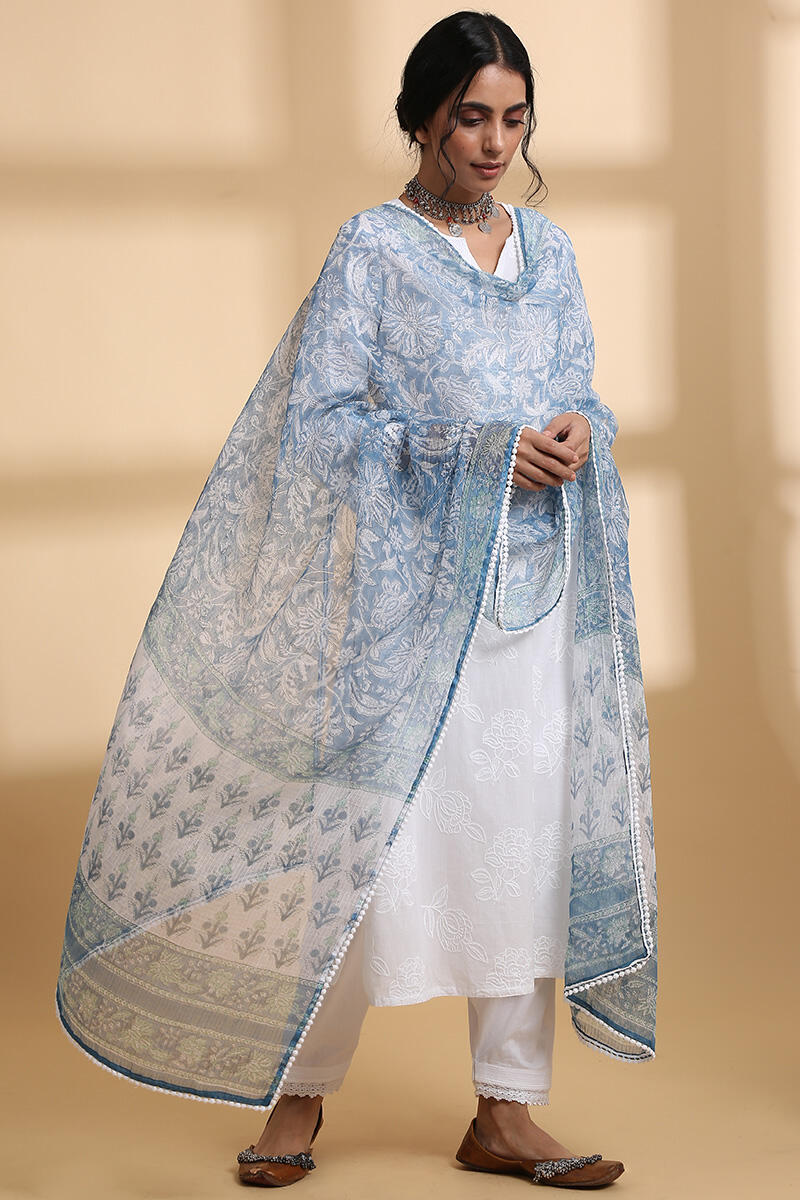 Blue Block Printed Kota Dupatta
