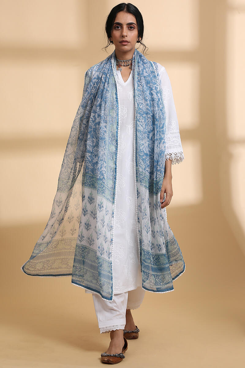 Blue Block Printed Kota Dupatta
