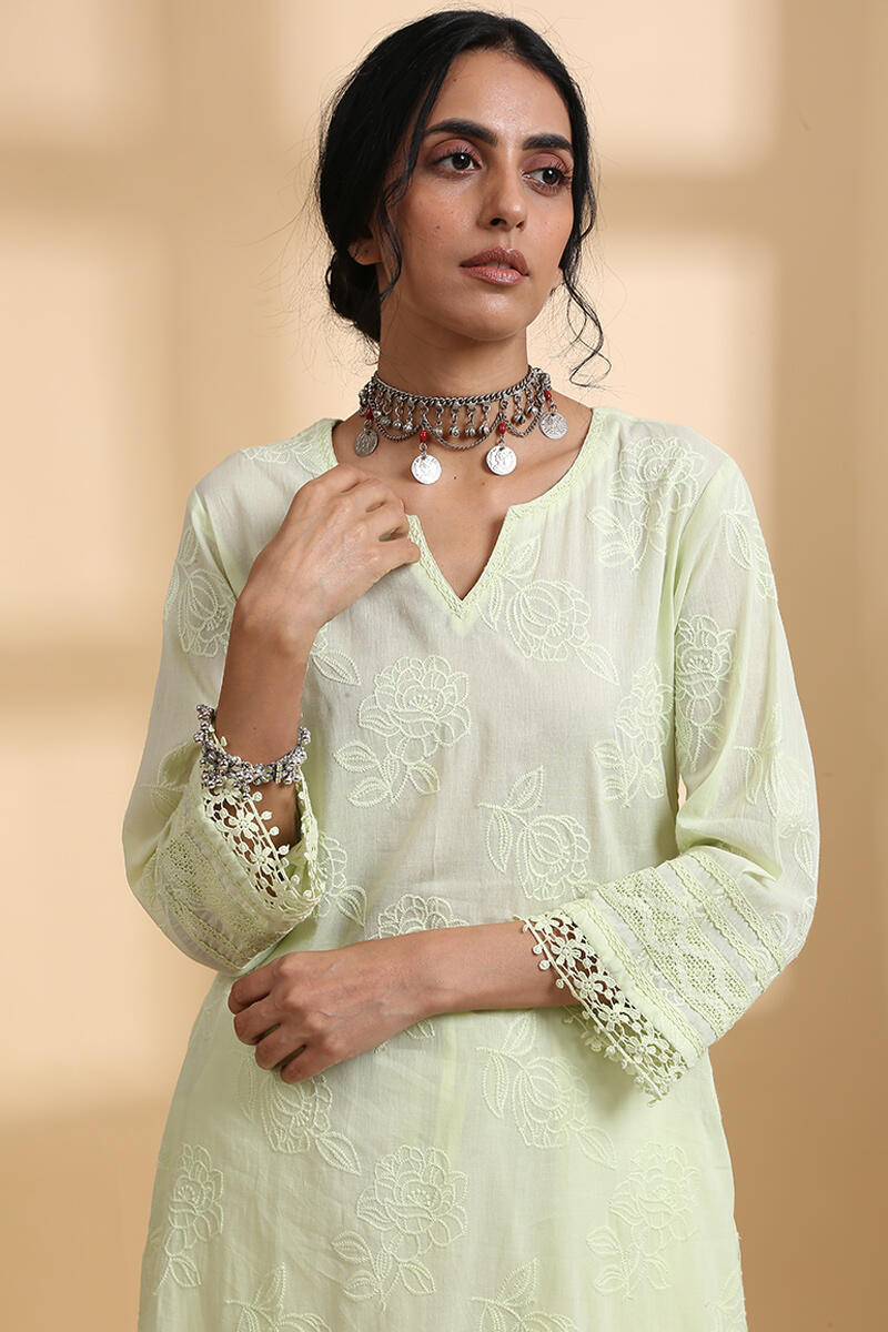 Green Handcrafted Straight Cotton Kurta