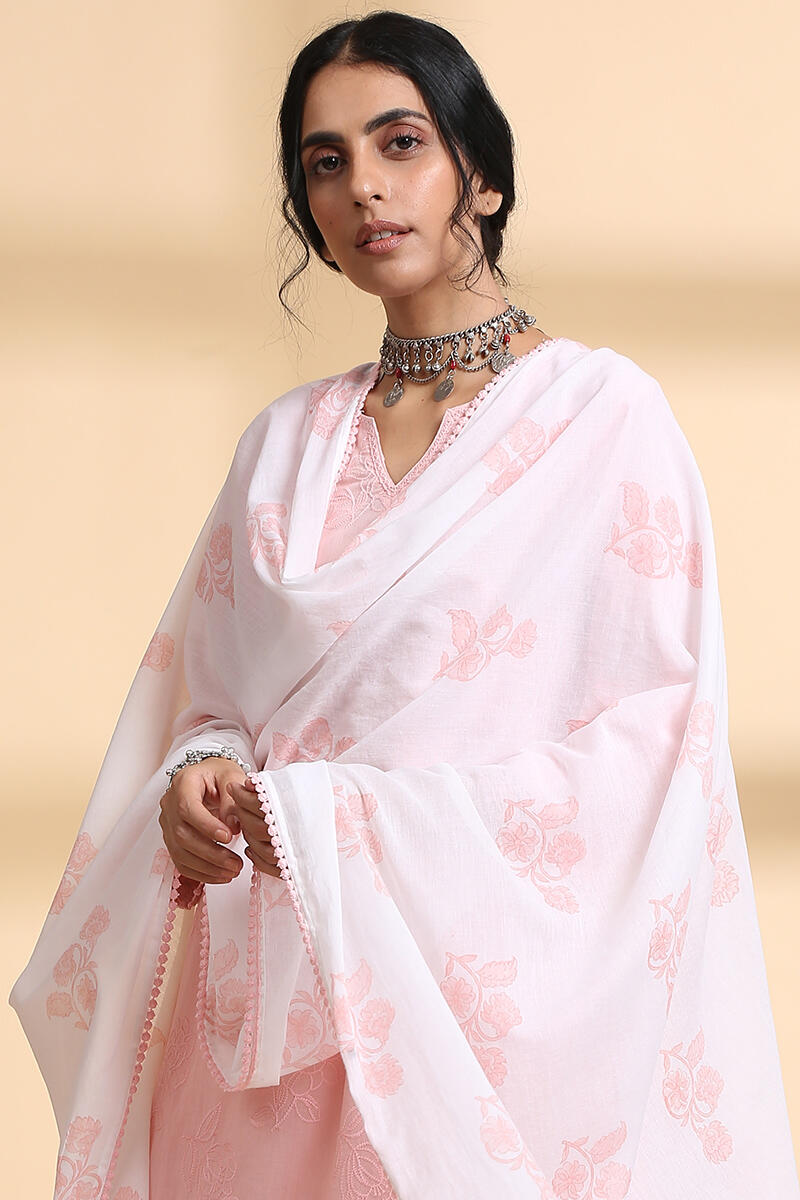 Pink Block Printed Cotton Dupatta