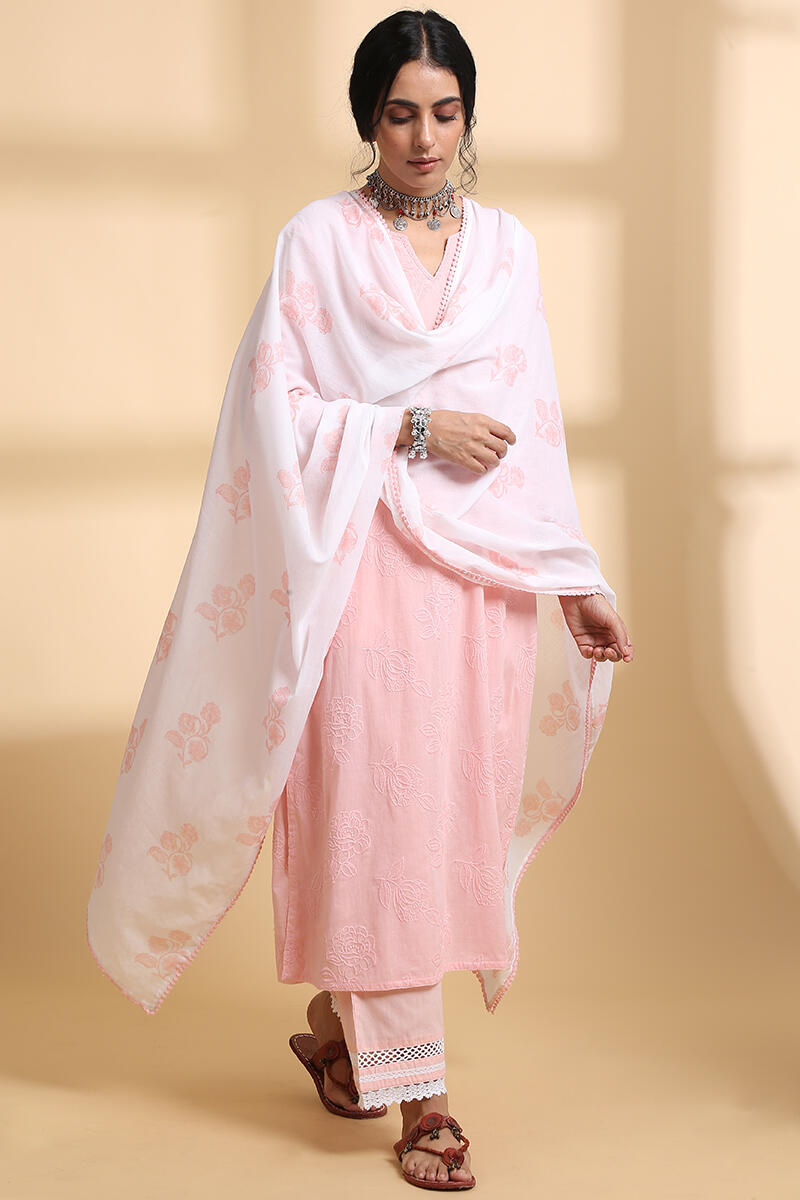 Pink Block Printed Cotton Dupatta