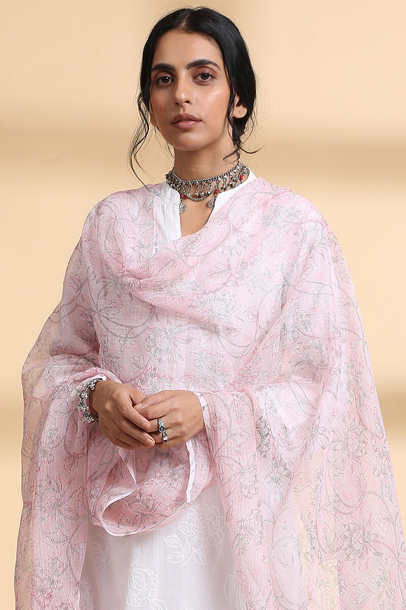 Pink Block Printed Kota Dupatta