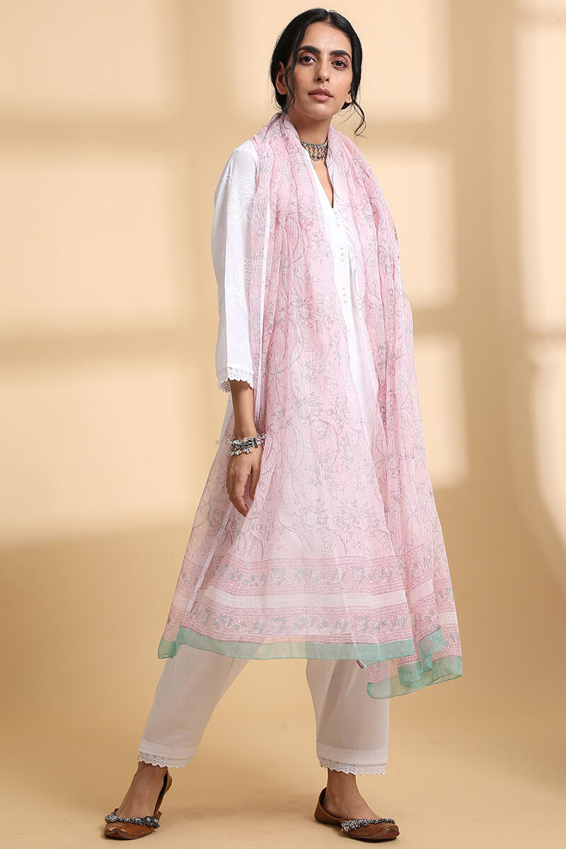 Pink Block Printed Kota Dupatta