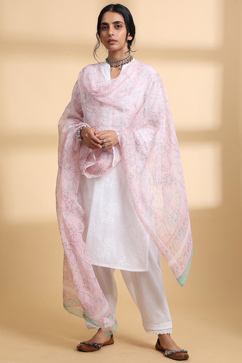Pink Block Printed Kota Dupatta