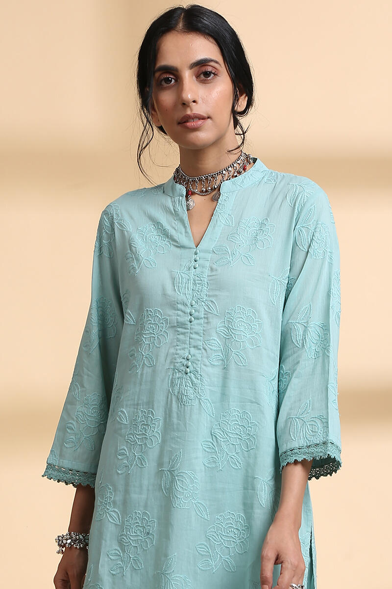 Buy Green Handcrafted Straight Cotton Short Kurta Blue Short Medium Kurta for Women Farida Gupta