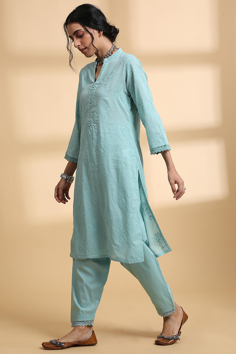 Green Handcrafted Straight Cotton Short Kurta