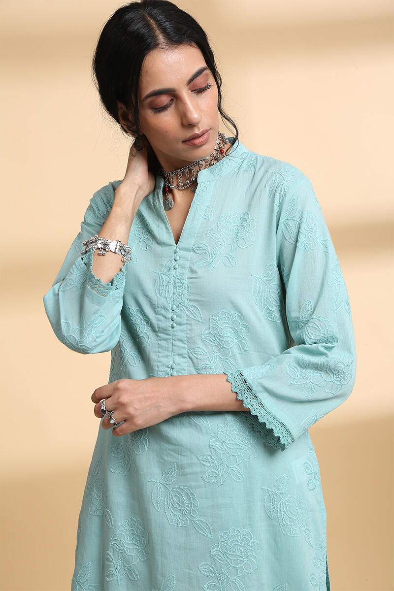 Green Handcrafted Straight Cotton Short Kurta