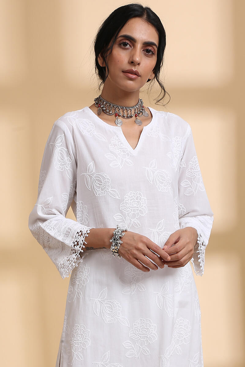 White Handcrafted Straight Cotton Kurta