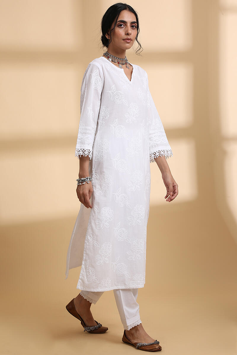 White Handcrafted Straight Cotton Kurta
