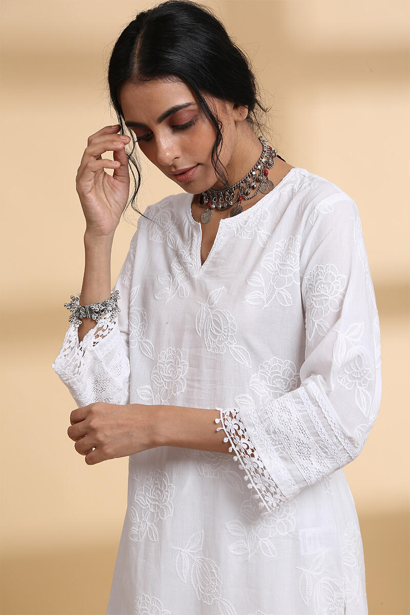 White Handcrafted Straight Cotton Kurta
