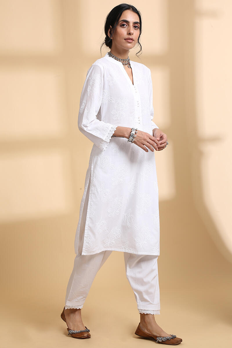 White Handcrafted Straight Cotton Short Kurta
