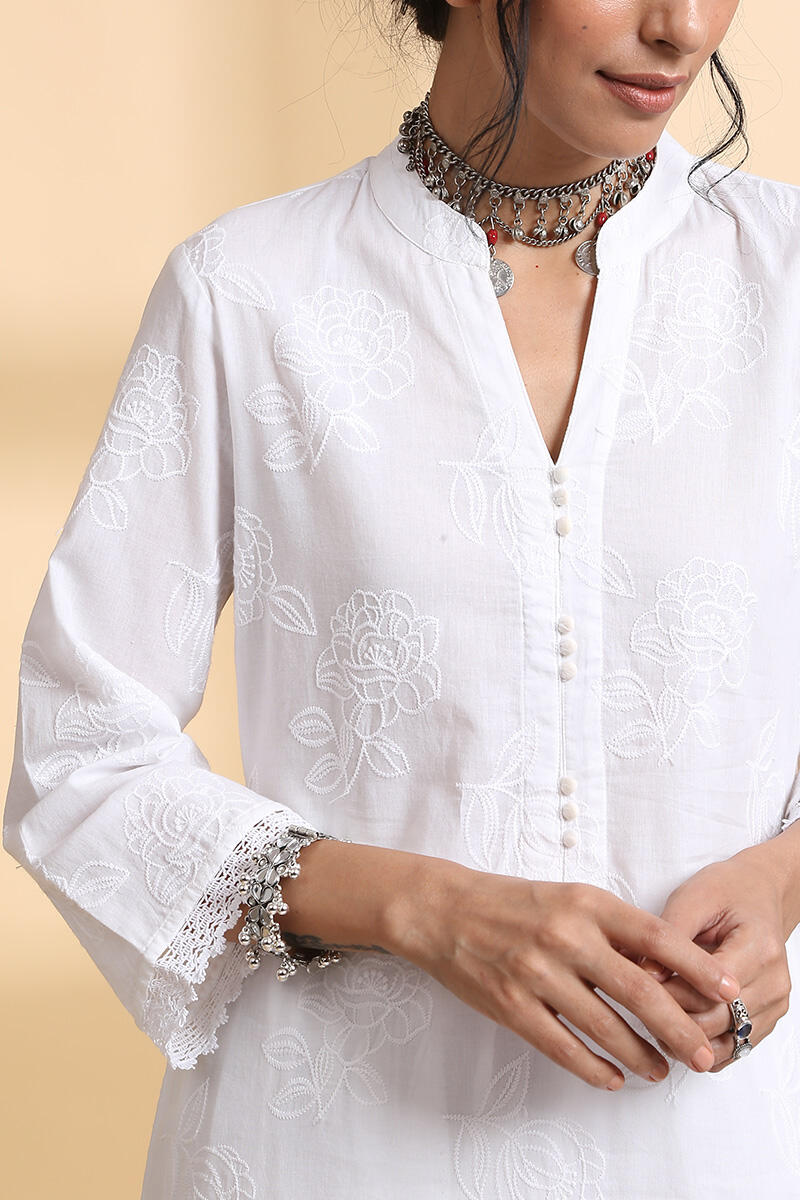White Handcrafted Straight Cotton Short Kurta