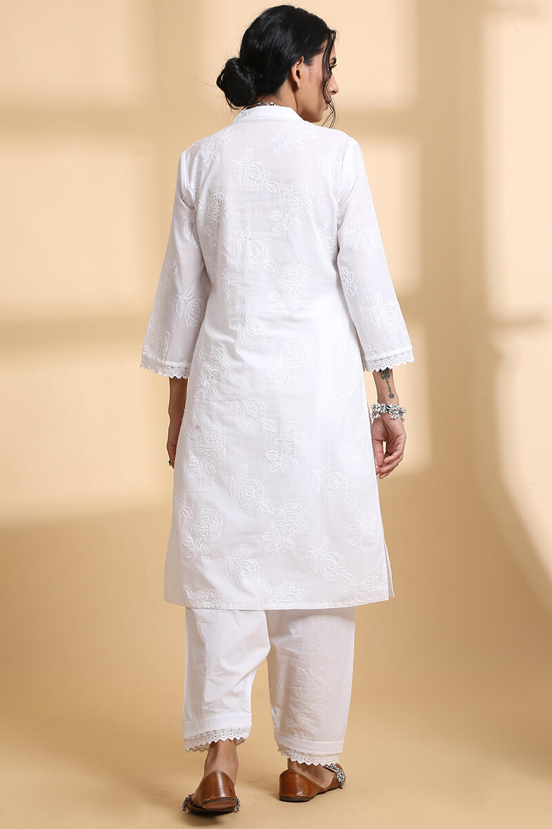 White Handcrafted Straight Cotton Short Kurta