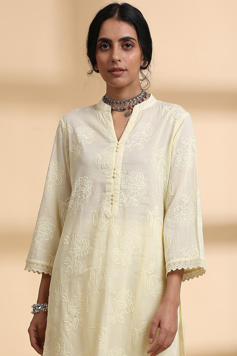Yellow Handcrafted Straight Cotton Short Kurta