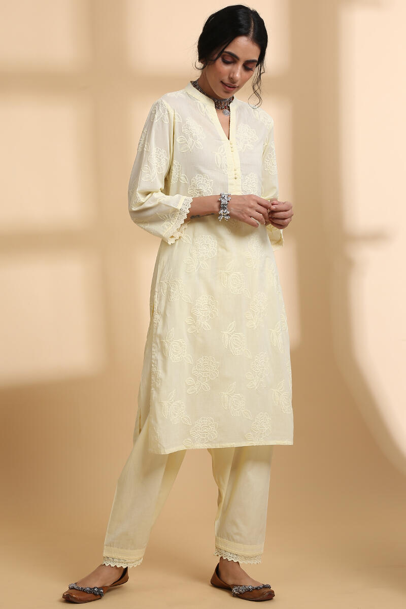 Yellow Handcrafted Straight Cotton Short Kurta