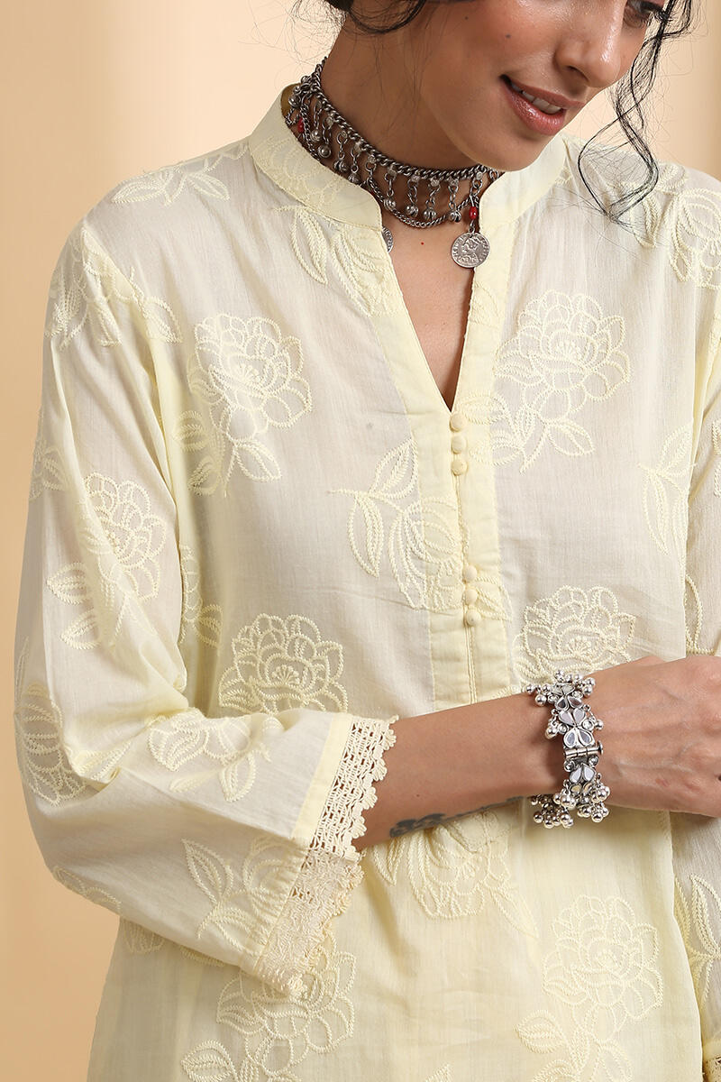 Yellow Handcrafted Straight Cotton Short Kurta