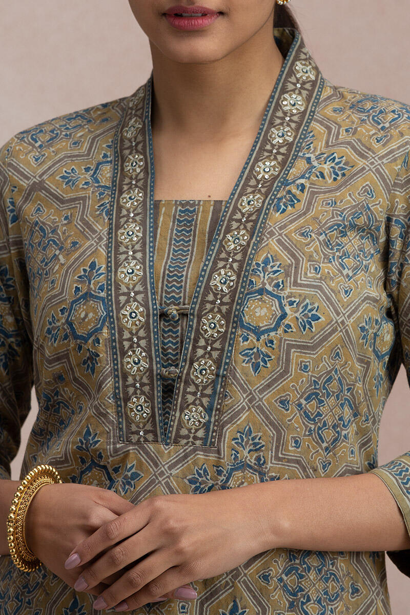 Brown Block Printed Straight Cotton Kurta