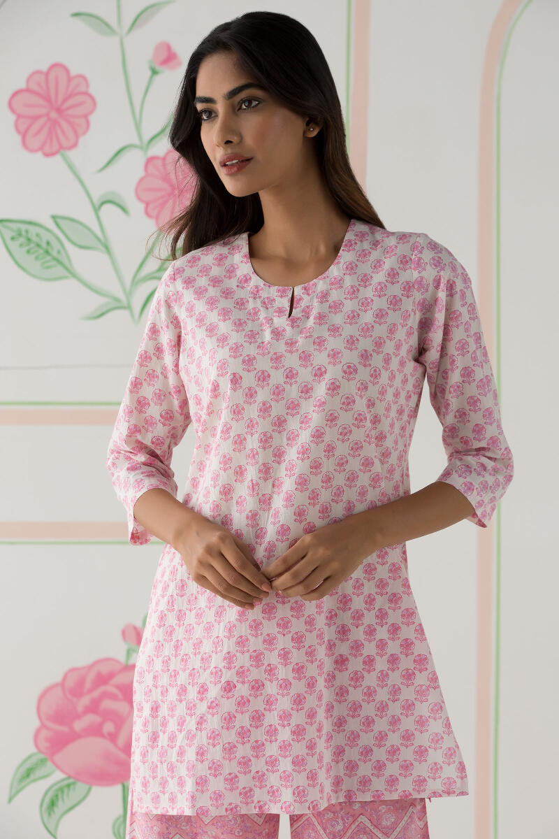 Pink Block Printed Cotton Pyjama Set