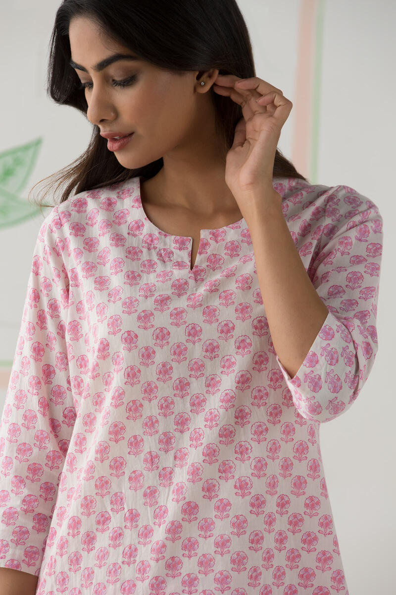 Pink Block Printed Cotton Pyjama Set