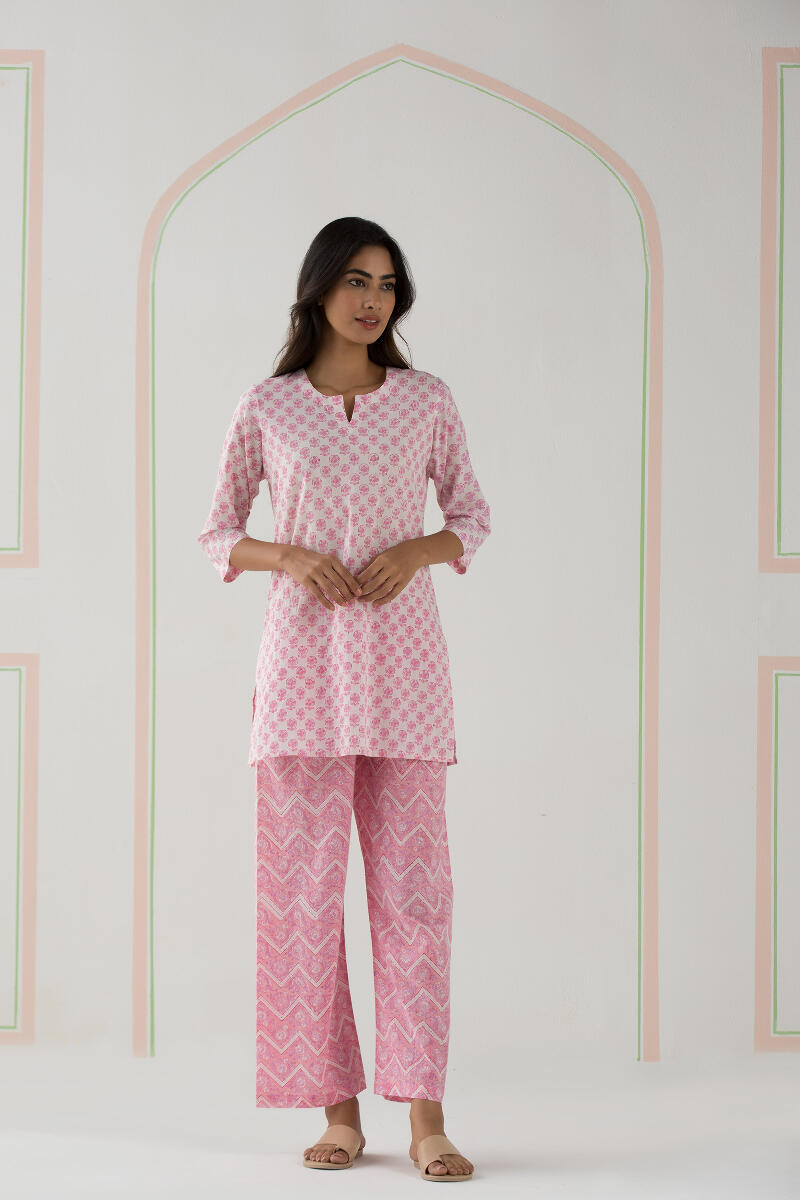 Pink Block Printed Cotton Pyjama Set