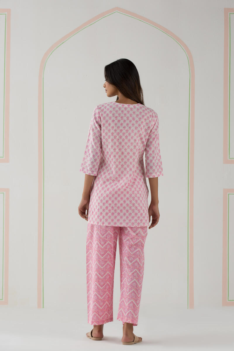 Pink Block Printed Cotton Pyjama Set