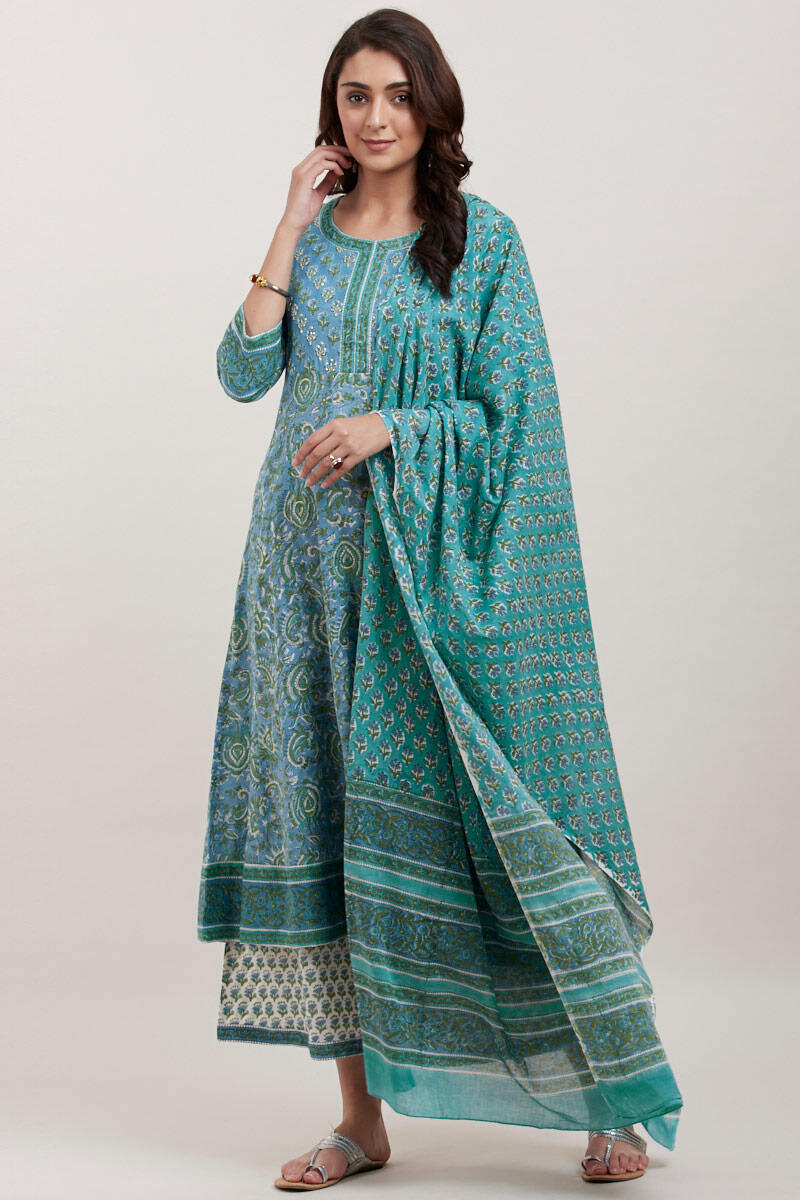 Turquoise Block Printed Cotton Dupatta