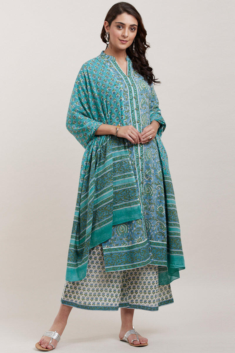 Turquoise Block Printed Cotton Dupatta