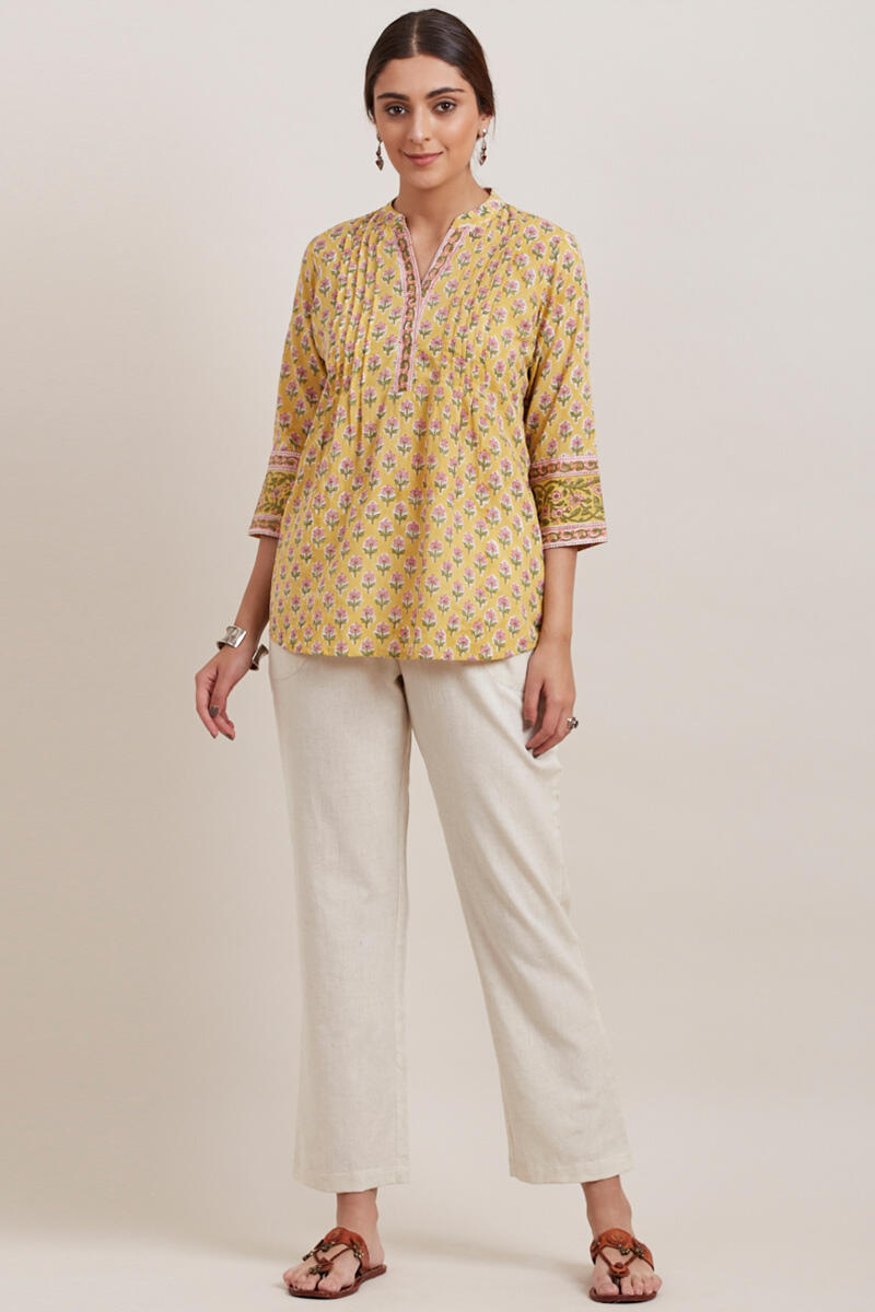 Yellow Block Printed Cotton Top