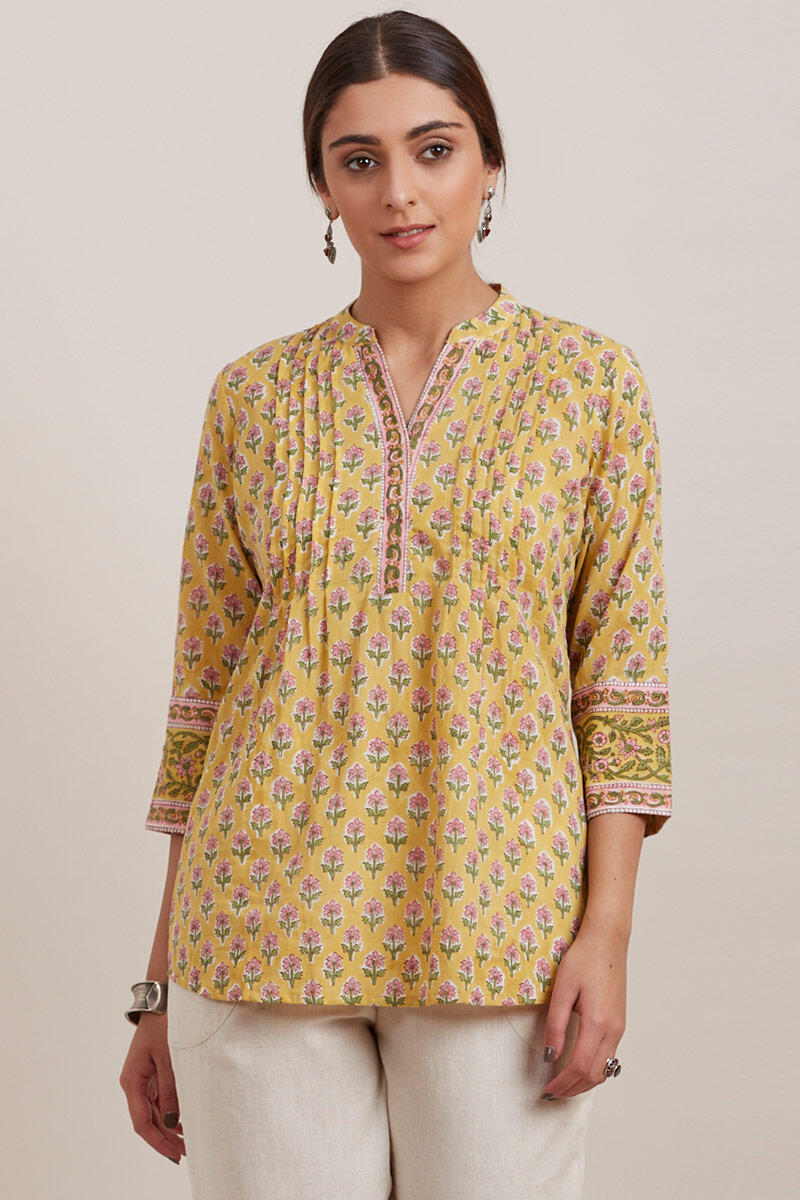 Yellow Block Printed Cotton Top