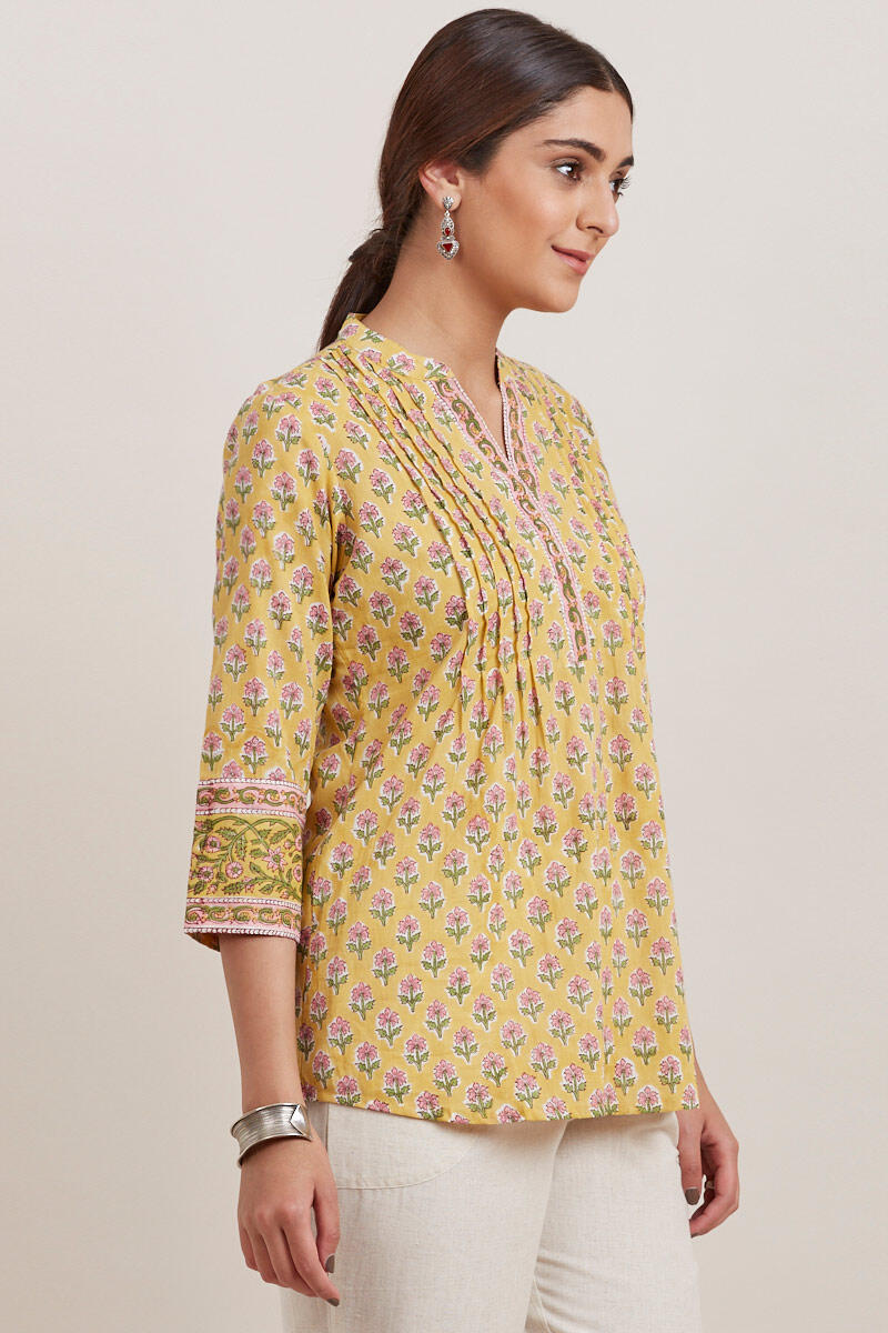Yellow Block Printed Cotton Top