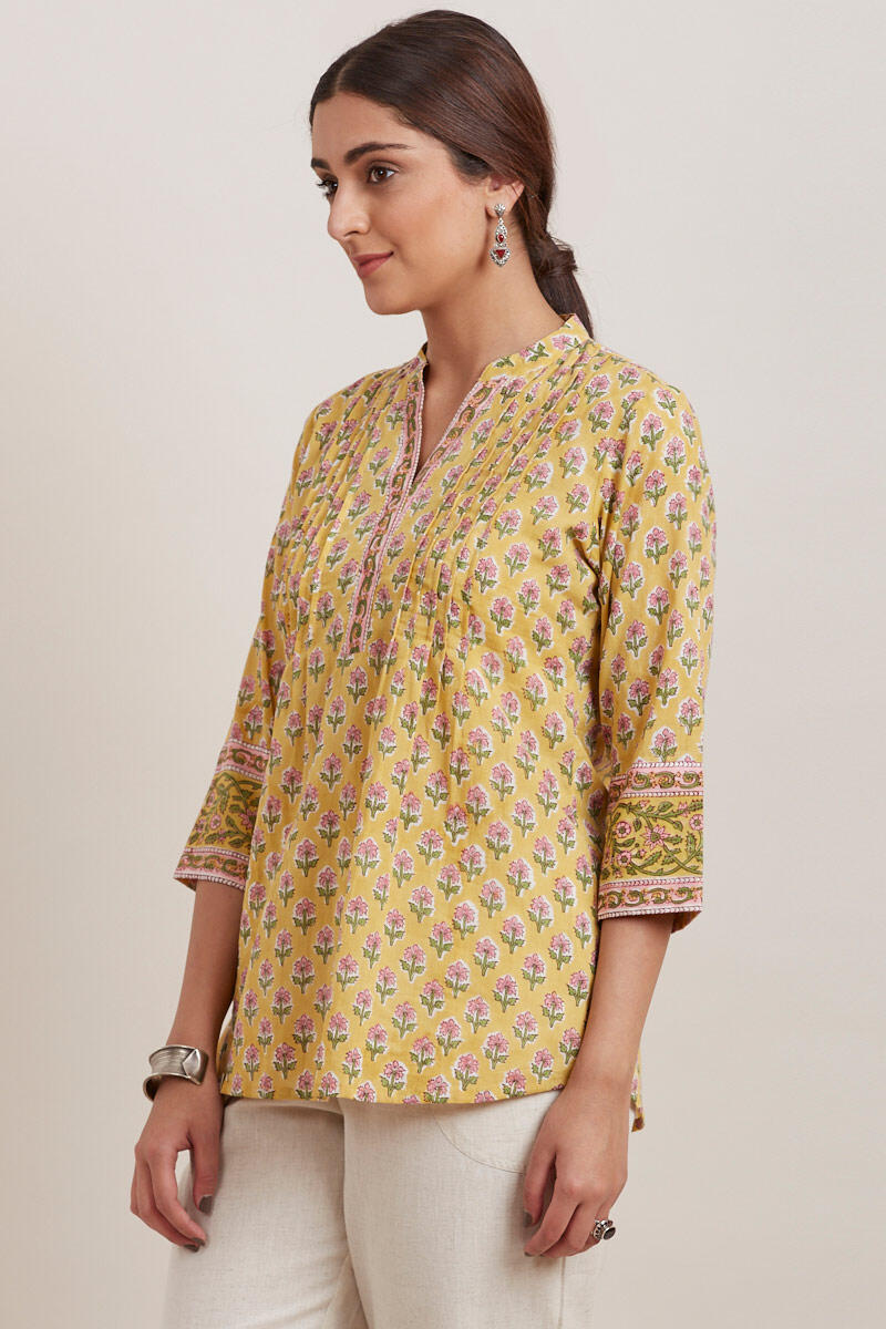 Yellow Block Printed Cotton Top