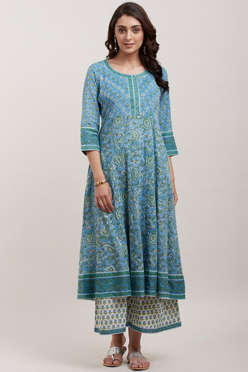 Blue Block Printed Anarkali Cotton Kurta