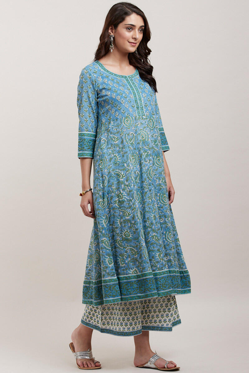 Blue Block Printed Anarkali Cotton Kurta