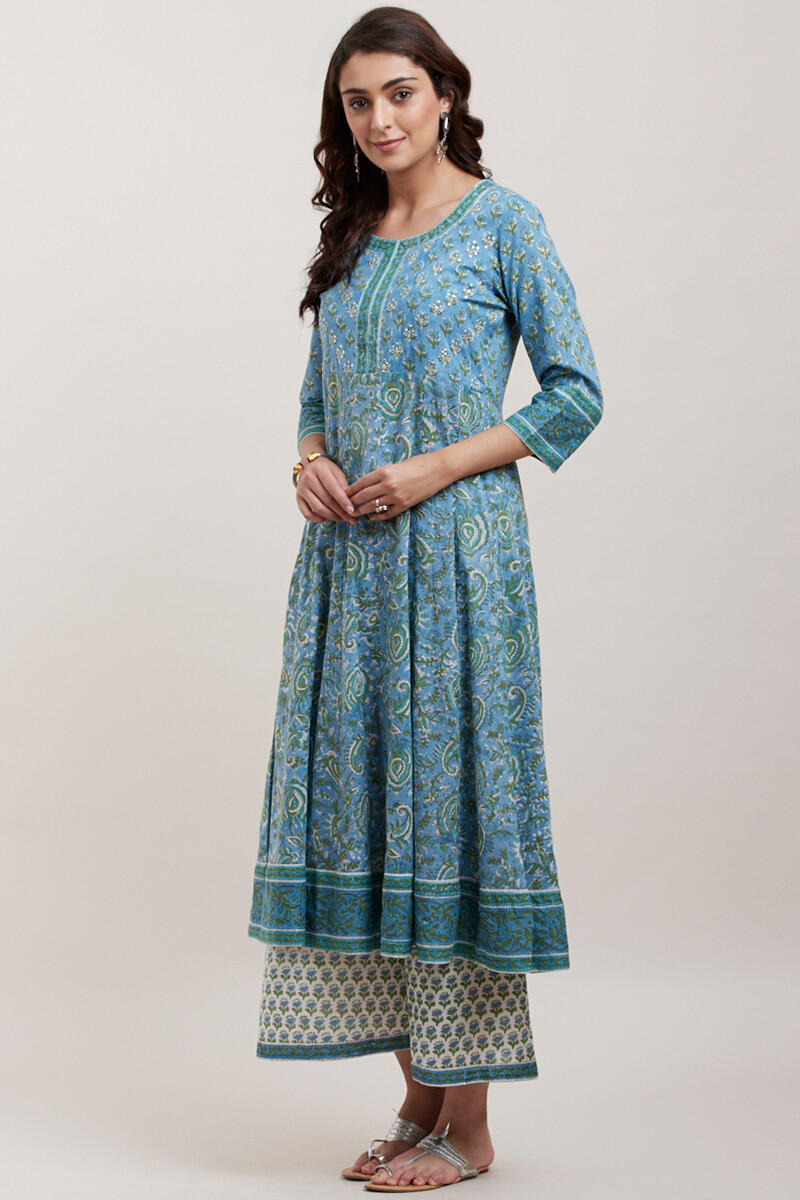 Blue Block Printed Anarkali Cotton Kurta