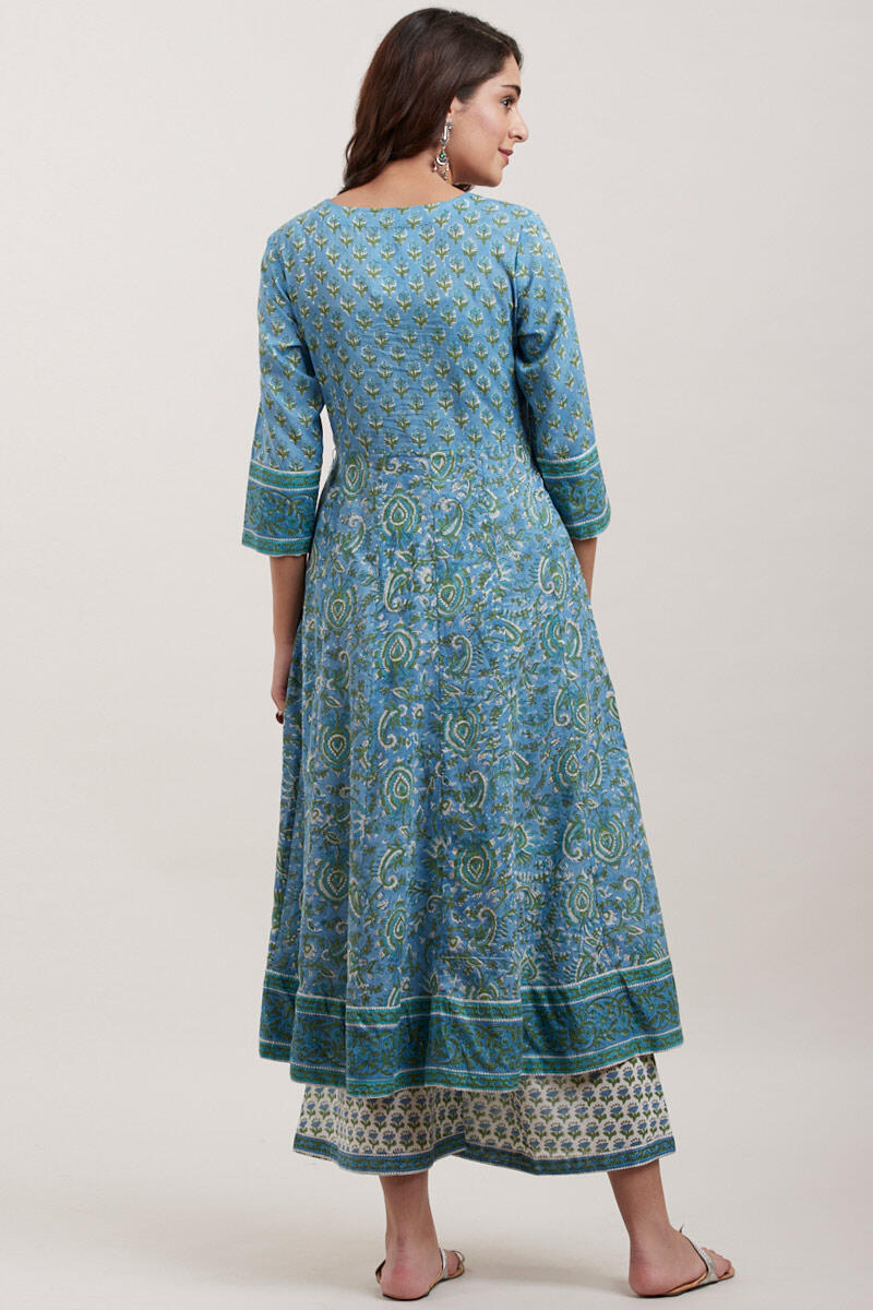 Blue Block Printed Anarkali Cotton Kurta