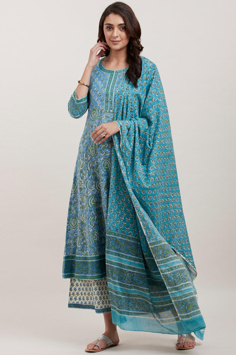 Blue Block Printed Anarkali Cotton Kurta