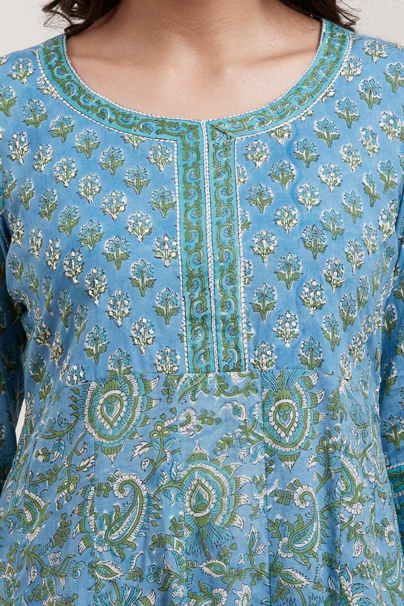 Blue Block Printed Anarkali Cotton Kurta