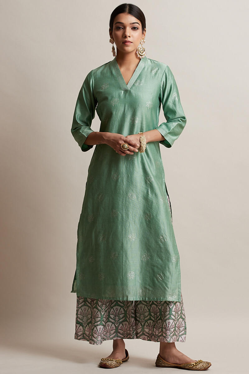 Green Handcrafted Straight Chanderi Kurta