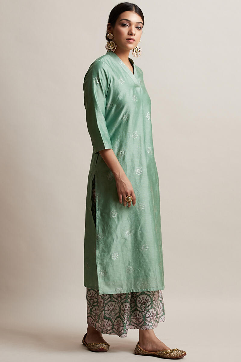 Green Handcrafted Straight Chanderi Kurta