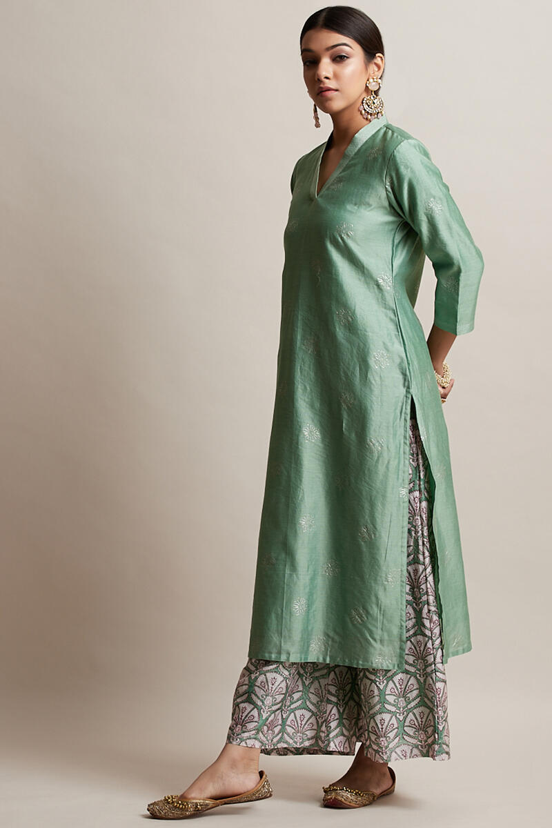 Green Handcrafted Straight Chanderi Kurta