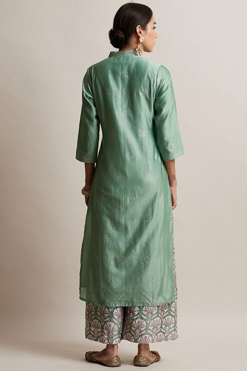 Green Handcrafted Straight Chanderi Kurta