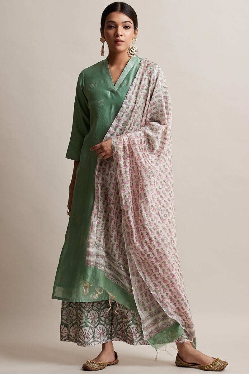 Green Handcrafted Straight Chanderi Kurta