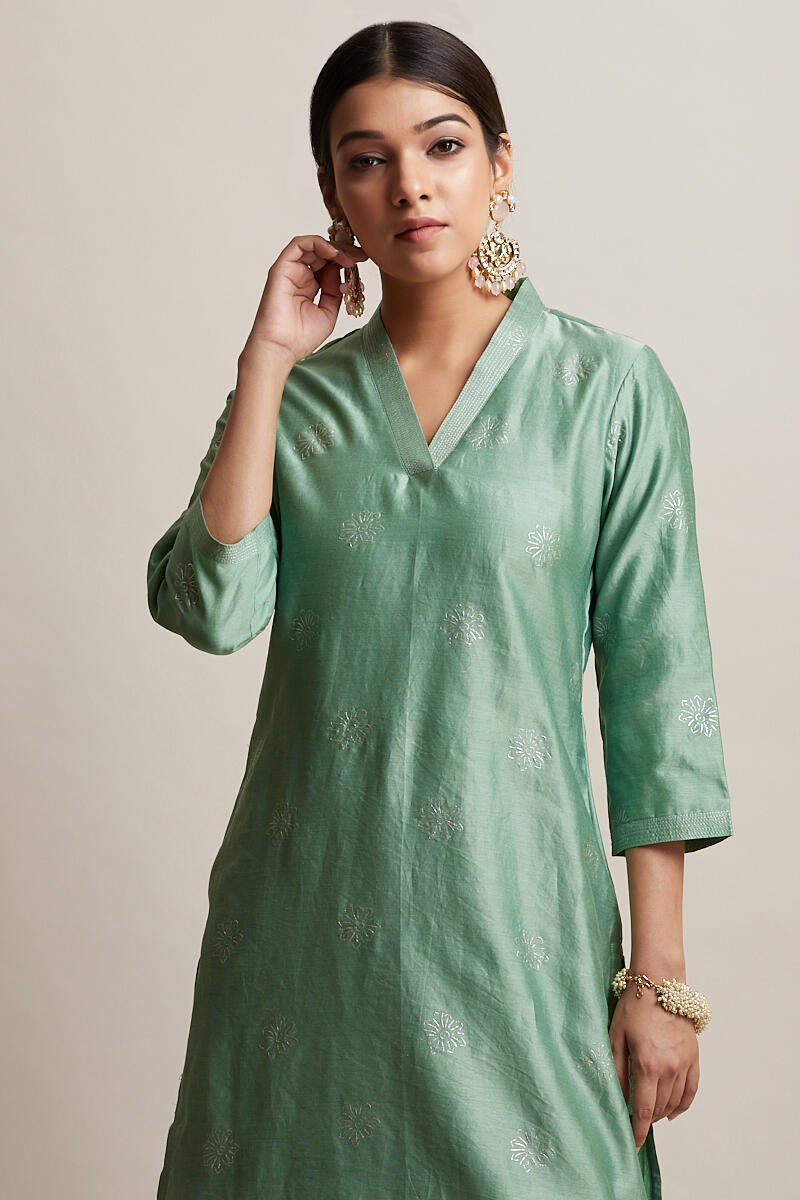 Green Handcrafted Straight Chanderi Kurta