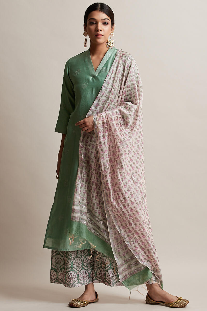 Green Block Printed Chanderi Palazzo