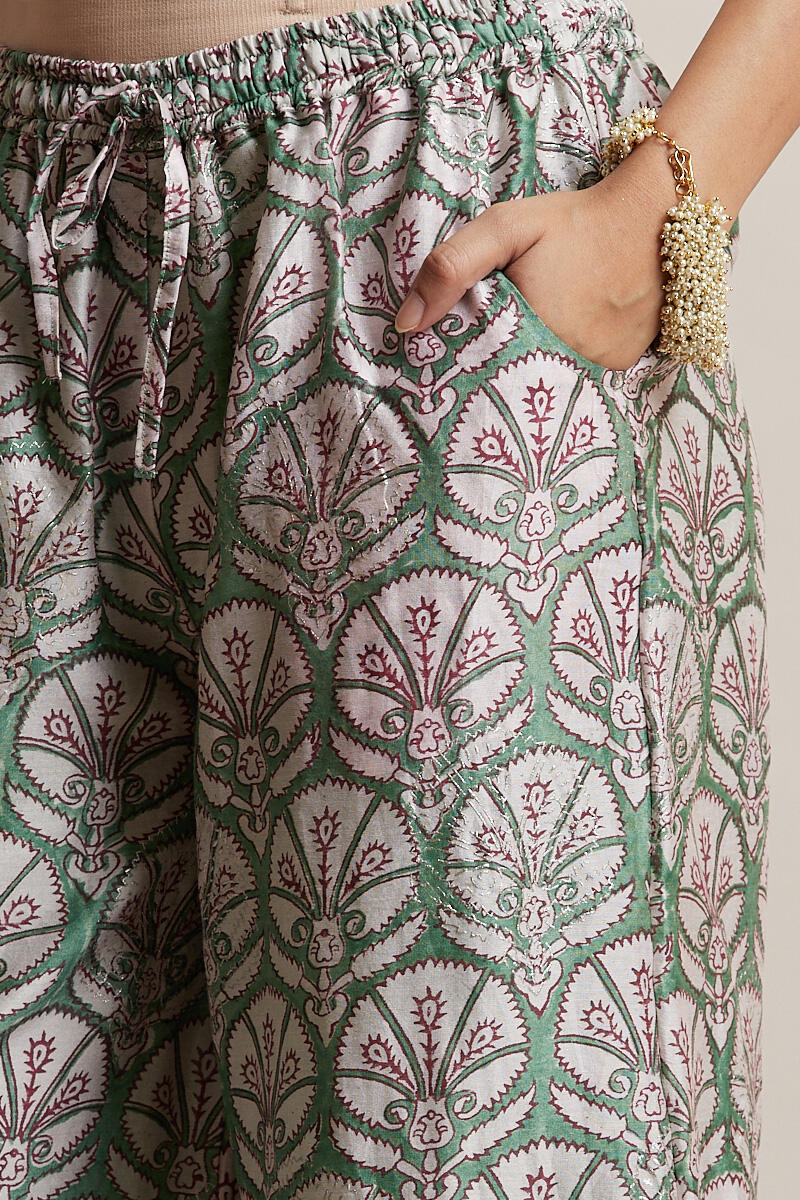 Green Block Printed Chanderi Palazzo