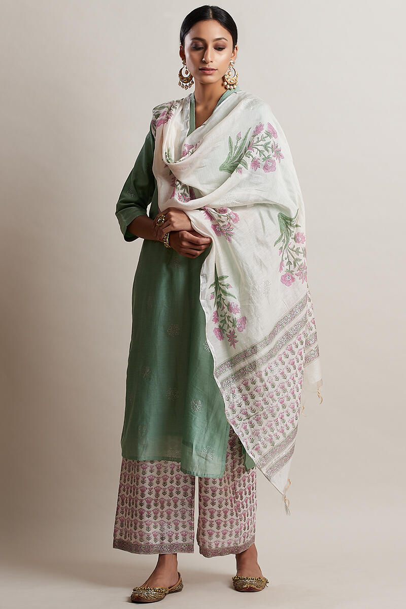 Off-White Block Printed Chanderi Dupatta